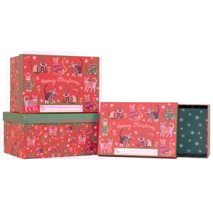 Get ready for a purr-fectly festive season with our delightful Set of 3 Meowy Christmas Gift Boxes! These charming boxes feature an adorable pattern of cats dressed in their best Christmas jumpers and hats, all set against a vibrant red background. Each box proudly displays "Meowy Christmas" and includes a handy "To:" label, making your gift-giving extra special.
This set includes three different sizes, ideal for presenting a variety of presents, from small trinkets to larger surprises. The interior of the pull-out box reveals a lovely green and white snowflake pattern, adding an extra touch of festive cheer. These fun and unique gift boxes are sure to bring smiles all around this Christmas!