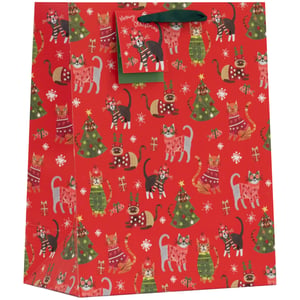 Make gift-giving extra special this festive season with our Large Meowy Christmas Gift Bag. This charming gift bag features an adorable pattern of festive felines, dressed in their finest Christmas jumpers and hats, against a vibrant red background. Adorned with twinkling Christmas trees, delicate snowflakes, and playful fish, it's sure to bring a smile to any cat lover's face.

The coordinating 'Meowy Christmas' gift tag adds a purr-fect finishing touch, while the sturdy green ribbon handle ensures easy carrying. Generously sized for a variety of presents, this bag is ideal for spreading holiday cheer. Supplied by Partisan Products Ltd. in a convenient pack of 6, these bags are a must-have for your seasonal stock. Offer your customers a delightful and unique way to present their Christmas gifts.
