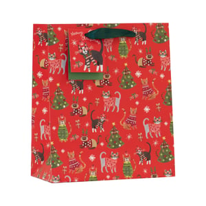 Make your Christmas gifts purr-fectly presented with our delightful Medium Meowy Christmas Gift Bag! This charming bag features an adorable festive design on a vibrant red background, showcasing a host of playful cats dressed in their finest Christmas sweaters and hats, surrounded by decorated Christmas trees and delicate snowflakes.

Each bag comes complete with sturdy green ribbon handles and a matching gift tag that reads 'Meowy Christmas', adding an extra touch of seasonal cheer. Ideal for a variety of presents, this medium-sized bag is sure to bring a smile to any recipient's face. Stock up for the festive season with these charming bags, available in convenient packs of six.