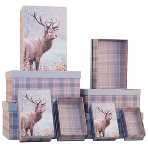 Introduce a touch of winter wonder to your gift packaging with this exquisite Set of 10 Winter Stag Gift Boxes. Each box features a captivating illustration of a majestic stag in a serene snowy landscape, beautifully complemented by a sophisticated plaid pattern in muted tones.
This versatile collection includes boxes of various sizes, making them perfect for presenting a wide array of gifts, from small trinkets to larger treasures. Ideal for the festive season, winter birthdays, or any special occasion, these elegant boxes are designed to impress. Offer your customers a truly memorable gifting experience with these charming and high-quality gift boxes, supplied by Partisan Products Ltd.