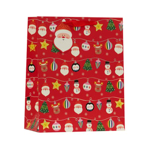 Get ready for a truly festive season with our charming Medium Merry Baubles Gift Bag! This delightful red gift bag is adorned with an array of classic Christmas characters and decorations, making it the perfect choice for spreading holiday cheer.

Featuring adorable Santa faces, cheerful reindeer, cute penguins, friendly snowmen, twinkling stars, and festive Christmas trees, all strung together like a joyful garland, this bag is sure to bring smiles. The vibrant red background is dotted with delicate snowflakes, enhancing its seasonal appeal.

Complete with sturdy red ribbon handles and a sweet Santa gift tag, it's ideal for presenting those special Christmas gifts. Stock up with this popular design, available in a convenient pack of six, and offer your customers a truly merry way to wrap their presents this holiday.
