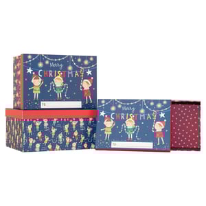 Make your gifts extra special this festive season with our delightful Set of 3 Elves Gift Boxes. This charming collection features a whimsical Christmas elf design, perfect for spreading holiday cheer. Each box showcases three adorable elves holding up 'Merry Christmas' lettering, complete with twinkling string lights and a handy 'To:' label for personalisation. The larger box and the base of the set are adorned with a playful pattern of many little elves, while the inside of the smaller box reveals a festive red and white star pattern. Ideal for presenting presents of various sizes or for keeping festive treats, these sturdy gift boxes are a wonderful addition to any Christmas offering. Sold as a single set, they're ready to bring joy to your customers.