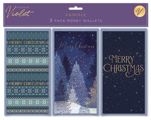 Offer your customers a delightful way to present gifts this festive season with our Fairisle 3 Pack Money Wallets, designed by Violet. This wholesale pack contains 12 sets, each featuring three distinct Christmas money wallet designs. Customers will appreciate the variety: a traditional Fairisle pattern in festive blues and golds, a serene winter forest scene beneath a starry sky, and a sophisticated deep blue wallet with shimmering gold stars and "Merry Christmas" lettering. These wallets provide a lovely and practical solution for gifting cash or vouchers, enhancing the presentation of any holiday present. Available from Partisan Products Ltd., these wallets are a perfect addition to your seasonal stock.
