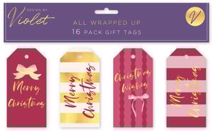 Add a touch of festive sparkle to every gift this season with our '16 All Wrapped Up Mixed Gift Tags' by Design by Violet. These elegant tags are the perfect finishing touch for any Christmas present.

Each retail pack contains 16 beautifully designed tags, featuring a delightful mix of rich pinks, creams, and shimmering gold foil accents. Your customers will adore the variety, from classic 'Merry Christmas' messages to charming 'Christmas Wishes' designs, complete with stylish bows and stripes. These eye-catching tags are sure to make every gift feel extra special.

Stock up now for the holiday rush! Available in a convenient 1x12 wholesale pack from Partisan Products Ltd.