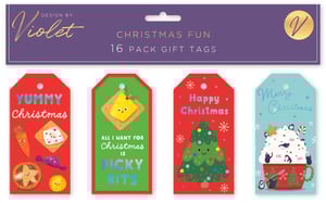 Elevate your festive gift-wrapping selection with our delightful 16 Christmas Fun Mixed Gift Tags, designed by Violet. This charming collection from Partisan Products Ltd. offers 16 tags per pack, featuring four unique and wonderfully whimsical designs.

From 'YUMMY Christmas' treats and playful 'PICKY BITS' humour to a cheerful Christmas tree and adorable penguins enjoying hot chocolate, these tags are sure to add a special touch to any present. They're perfect for customers looking to make their gifts truly memorable. Available in a convenient wholesale pack size of 1x12, these tags are an essential and eye-catching addition to your seasonal stock.