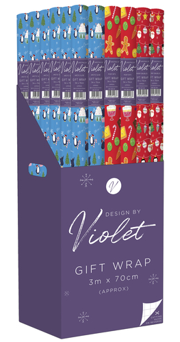 Stock up for the festive season with our delightful 3M Christmas Fun Mixed Roll Wrap! This wholesale pack contains 36 rolls, ensuring your shelves are brimming with choice. Each high-quality roll, designed by Violet, offers 3 metres of charming gift wrap, perfect for bringing smiles to recipients.

Your customers will adore the variety: a vibrant blue design featuring playful penguins, snowy scenes, and festive trees, alongside a classic red option adorned with cheerful gingerbread men, candy canes, and sparkling Christmas ornaments. Measuring 3m x 70cm (approx), these wraps also boast a handy cutting grid on the reverse for effortless, neat wrapping. Offer convenience and festive cheer this Christmas!