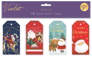 Add a touch of festive magic to every present with our delightful 16 Santa Mixed Gift Tags, designed by Violet. This charming collection features four unique Santa designs, ensuring there's a perfect tag for every gift. From Santa soaring with his reindeer to cosy fireside scenes, and even a whimsical Santa alongside a friendly highland cow, each tag is beautifully illustrated with lovely details and shimmering gold accents.

Each retail pack contains 16 high-quality gift tags, perfect for customers looking to add that special finishing touch to their Christmas presents. Stock up for the festive season with our convenient wholesale pack size of 1x12, available from Partisan Products Ltd. These enchanting tags are sure to be a popular choice!