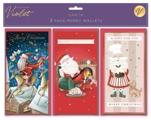 Add a touch of festive charm to your Christmas gifting with our Santa 3 Pack Money Wallets, beautifully designed by Violet. This delightful collection from Partisan Products Ltd. features three unique and enchanting Santa illustrations, perfect for presenting cash or gift vouchers.
The first wallet captures the magic of Santa soaring over snowy rooftops, delivering presents. The second design offers a cosy scene of Santa relaxing by a warm fireplace with his sleeping canine companion. Finally, a playful chef Santa proudly presents a festive Christmas pudding, accompanied by another adorable dog.
Each retail pack contains these three distinct designs, ensuring variety for your customers. Available in a convenient wholesale pack of 12, these money wallets are a must-have for the holiday season, adding a special touch to any Christmas gift.