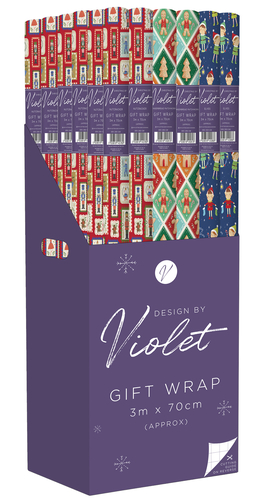 Get ready for a festive season with our 3M Christmas Kids Mixed Roll Wrap, perfect for bringing smiles to little faces! This delightful collection, from Partisan Products Ltd., features three enchanting designs, ensuring variety for every gift.

Each roll measures a generous 3m x 70cm and includes a handy cutting guide on the reverse for effortless wrapping. Your customers will adore the vibrant selection: a classic red design adorned with festive stamps, a charming green and white pattern featuring gingerbread men and Christmas trees, and a playful blue design with cheerful elves and twinkling lights.

Stock up now with this convenient 1x36 wholesale pack, ensuring you have plenty of choice for every child's present. Design by Violet brings joy to every gift!