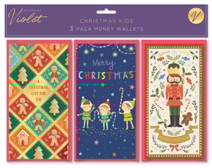 Bring extra cheer to Christmas gifting with our charming Christmas Kids 3 Pack Money Wallets! Designed by Violet, this delightful set features three unique and vibrant designs, perfect for presenting cash or gift vouchers.
The first wallet boasts a classic gingerbread theme, adorned with cute gingerbread men, trees, and houses, alongside the message "A Christmas Gift For You". The second design captures the magic of Christmas with playful elves decorating under a starry, festive sky, complete with "Merry Christmas" text. Finally, the third wallet showcases a traditional nutcracker soldier amidst beautiful festive foliage and candy canes, with a "Merry Christmas" banner.
Each wallet is thoughtfully illustrated to make every gift feel special. Available in a convenient wholesale pack size of 1x12, these money wallets are an essential addition to your seasonal collection. Make gifting memorable this holiday season!