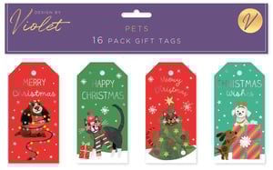 Introduce a delightful touch to your Christmas gifting with our 16 Pets Mixed Gift Tags, designed by Violet. This charming collection features four unique designs, each showcasing beloved pets in heartwarming festive scenes. Your customers will adore the playful dog tangled in Christmas lights, the stylish cat in a festive hat and scarf, the curious feline peeking from a decorated tree, and the cheerful duo of dogs with colourful gifts. Each retail pack contains 16 high-quality gift tags, perfect for adding that special finishing touch to presents. Available in a convenient wholesale pack of 12 from Partisan Products Ltd., these irresistible tags are a must-have for your seasonal stock.