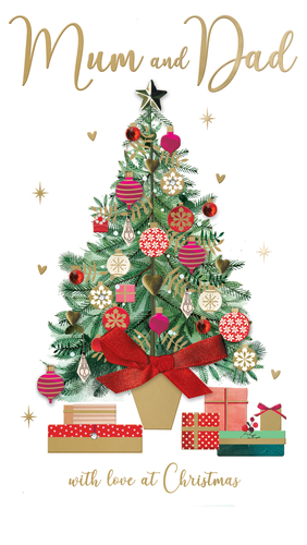 Send your Mum and Dad the perfect festive greeting this Christmas with this beautiful card from Second Nature. Adorned with a charmingly decorated Christmas tree, complete with sparkling baubles, stars, and hearts, it captures the magic of the holidays. Thoughtfully wrapped gifts sit at the base, adding to the festive scene. The elegant gold script on the front reads "Mum and Dad" and "with love at Christmas," conveying a warm and heartfelt message. This delightful design is sure to bring a smile to their faces. Each pack contains 6 cards, so you'll have plenty to send.