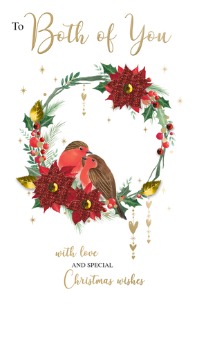Celebrate the festive season with this charming 'To Both Of You' Christmas card, perfect for sending warm wishes to a special couple. The heartwarming design features two adorable robins nestled within a beautiful, glitter-accented festive wreath. Adorned with sparkling poinsettias, traditional holly, and elegant golden details, it creates a truly delightful scene. The heartfelt message 'with love AND special Christmas wishes' completes this lovely card. From Second Nature, these cards are available in convenient packs of six, making them an ideal addition to your seasonal greeting card selection.
