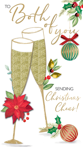 Celebrate the festive season with our delightful 'To Both Of You' Christmas card from Second Nature. This elegant design features two sparkling champagne flutes, perfect for toasting to a wonderful Christmas. Adorned with classic festive elements like a vibrant poinsettia, cheerful holly, and shimmering baubles, it truly captures the spirit of Christmas cheer. The warm gold lettering wishes "Both of you" a joyous season, making it ideal for couples, families, or friends. Stock up with our convenient 1x6 pack size and offer your customers a truly special way to send their festive greetings.