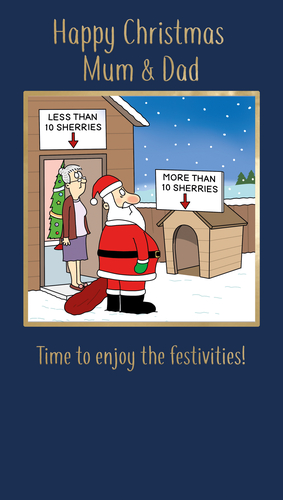 Bring a smile to Mum & Dad's faces this Christmas with this wonderfully witty card! Featuring a hilarious cartoon scene, it playfully suggests different festive outcomes depending on the number of sherries consumed. Mum stands by a sign for "LESS THAN 10 SHERRIES" while Dad, dressed as Santa, eyes the "MORE THAN 10 SHERRIES" option by the dog kennel. It's a relatable and fun take on Christmas celebrations, perfect for parents with a good sense of humour. This delightful card, from trusted supplier Second Nature, is sure to be a festive favourite. Each pack contains 6 cards, ready to spread cheer. Help your customers share a laugh and wish their parents a truly happy Christmas!