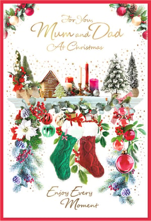 Make this Christmas truly special for Mum and Dad with this heartwarming card from Simon Elvin. Featuring a beautifully detailed festive scene, this card captures the essence of a cosy Christmas. A charming gingerbread house, twinkling candles, and miniature snow-dusted trees adorn a mantelpiece, while two traditional knitted stockings, brimming with gifts, hang below. Adorned with festive garlands, bright red berries, and sparkling baubles, the design is completed with a scattering of golden stars. The elegant gold script wishes 'For You, Mum and Dad At Christmas' and encourages them to 'Enjoy Every Moment'. This delightful card is perfect for expressing love and warmth during the festive season. Available in a convenient pack size of 1x6, ensuring your customers can find the ideal card for their beloved parents.