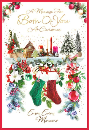 Offer your customers a truly special Christmas greeting with our 'To Both Of You' card from Simon Elvin. This lovely design features a beautifully detailed illustration of a warm, festive scene. A charming mantlepiece is adorned with a gingerbread house, twinkling candles, and frosted miniature trees. Below, traditional knitted stockings in red and green hang, ready for gifts, surrounded by festive garlands, vibrant berries, and sparkling baubles. Elegant gold lettering conveys a heartfelt message, making it an ideal choice for sending warm wishes to couples. Each pack contains 6 cards, ensuring you're perfectly stocked for the festive season. A delightful card that captures the magic of Christmas.