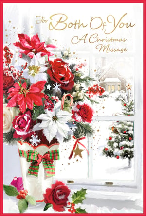 Send warm festive wishes this season with our beautiful 'To Both Of You' Christmas card. Designed by Simon Elvin, this charming card features a delightful arrangement of traditional Christmas flowers, including vibrant poinsettias and roses, nestled in a decorative vase with a cheerful plaid bow. Through a snowy window, a picturesque winter wonderland unfolds, complete with a cosy cottage and a festive Christmas tree, creating a truly inviting scene. Adorned with sparkling details, this card is perfect for conveying heartfelt greetings to a special couple. Each pack contains 6 cards, ready to add a touch of seasonal magic to your retail offering.