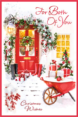 Bring festive cheer to your customers with this delightful "To Both Of You" Christmas card from Simon Elvin. This charming design features a beautifully decorated red front door, adorned with a snowy garland and wreath, creating a warm and inviting winter scene. Red wellington boots, wrapped presents, and a festive wheelbarrow complete the traditional Christmas setting. Perfect for sending warm wishes to a special couple or two loved ones, this card captures the magic of the season. Stock up on this heartwarming design, available in a convenient 1x6 pack, and help your customers share their Christmas joy.