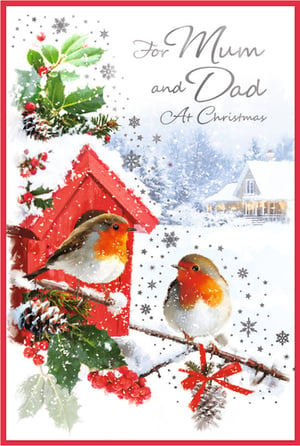 Offer your customers the perfect way to send festive wishes to their parents this Christmas. This charming 'For Mum and Dad' card, from trusted supplier Simon Elvin, features an idyllic winter scene. Two delightful robins perch amongst snow-dusted holly, red berries, and pine cones, with a cozy red birdhouse adding a touch of warmth. In the background, a softly lit house completes the serene, snowy landscape, all beautifully accented with falling snowflakes. This traditional design captures the true spirit of Christmas, making it an ideal choice for parents. Available in a convenient 1x6 pack, these cards are ready to enhance your seasonal greeting card display.