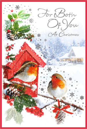 Delight your customers with this enchanting 'To Both Of You' Christmas card, brought to you by Simon Elvin. This beautiful design captures the magic of a snowy winter scene, featuring two charming robins perched amongst festive holly, red berries, and pine cones. One robin rests on a quaint red birdhouse, while the other sits on a snow-dusted branch, adorned with a tiny red bow. The message 'For Both Of You At Christmas' makes it perfect for sending warm wishes to a special couple. Available in a convenient pack size of 1x6, these cards are a wonderful addition to your seasonal stock.