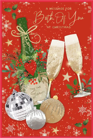 Celebrate the festive season with our delightful "To Both Of You" Christmas card, brought to you by Simon Elvin. This charming design features a beautifully illustrated champagne bottle, adorned with a glittery bow and lush festive foliage, alongside two sparkling champagne flutes ready for a toast. Three eye-catching baubles, including a fun disco ball, add extra sparkle to the scene.

The warm red background, sprinkled with delicate snowflakes and stars, perfectly captures the joyous Christmas spirit. With the heartfelt message "A Message For Both Of You At Christmas," this card is ideal for couples, friends, or family. Available in a convenient pack of 6, it’s a wonderful choice for your customers looking to share a special greeting this holiday season.