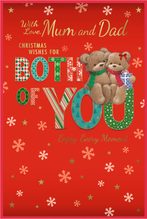 Send your warmest festive greetings to Mum and Dad this Christmas with this adorable card from Simon Elvin. Featuring two charming teddy bears snuggled together, one holding a special gift, it's the perfect way to show your love. The vibrant red background is adorned with delicate snowflakes and stars, while the message "CHRISTMAS WISHES FOR BOTH OF YOU" stands out in beautifully patterned letters. The heartfelt sentiment "Enjoy Every Moment" completes this lovely design. This Mum & Dad card is sold in a convenient pack size of 6, making it easy to stock up for the holiday season. A truly delightful card for the most special parents.