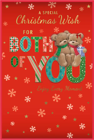 Send warm festive wishes with our delightful 'To Both Of You' Christmas card from Simon Elvin. This charming design features two adorable teddy bears, snuggled together amidst a flurry of snowflakes and stars, making it perfect for couples or friends. The vibrant red background is adorned with the heartfelt message "A Special Christmas Wish For Both Of You" in beautifully patterned, festive lettering. Below, the sweet sentiment "Enjoy Every Moment" adds an extra touch of warmth. Each card is crafted to bring joy and spread Christmas cheer. Available in a convenient pack of 6, these cards are a must-have for your seasonal collection.
