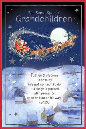 Make your grandchildren's Christmas truly magical with this enchanting card from Simon Elvin. Featuring a classic festive scene, Santa Claus and his reindeer soar across a starry, moonlit sky, leaving a trail of sparkling magic. Below, a peaceful, snow-covered village awaits his arrival.

The heartwarming message inside reads:
"Father Christmas
is so busy,
he's got so much to do,
His sleigh is packed
with presents,
soon he'll be on his way-
to YOU!"

Perfect for sending warm wishes to beloved grandchildren, this card beautifully captures the wonder and excitement of Christmas Eve. Each wholesale pack contains 6 delightful cards, ready to bring joy to your customers' families this festive season.