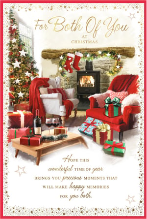 Bring warmth and festive cheer to your customers' Christmas greetings with this beautiful 'To Both Of You' card from Simon Elvin. Featuring a wonderfully cosy scene, it perfectly captures the magic of the season for a special couple. Imagine a crackling fireplace, a twinkling Christmas tree, and thoughtfully placed gifts, all setting the mood for precious moments. The heartfelt message wishes them a 'wonderful time of year' filled with 'happy memories'. This charming card is ideal for sending warm wishes to partners, friends, or family celebrating together. Available in a convenient pack of 6, it's a delightful addition to any festive card selection.