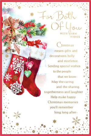 Share double the festive cheer with our delightful 'To Both Of You' Christmas card! Designed by Simon Elvin, this charming card features a heartwarming illustration of two classic red Christmas stockings, adorned with sparkling snowflakes, festive holly, and jingle bells.

The elegant gold lettering on the front wishes "For Both Of You With Warm Wishes," making it perfect for sending greetings to a special couple, friends, or family. Inside, a thoughtful message celebrates the joy of Christmas, focusing on sharing, togetherness, and creating happy memories.

This beautiful card is sure to bring a smile to any recipient. Available in a convenient pack of 6, it's an ideal choice for your seasonal card selection.
