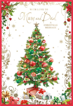 Spread festive cheer this Christmas with our heartwarming 'Mum & Dad' card from Simon Elvin. This beautiful design features a traditional Christmas tree, richly decorated with red and green baubles, twinkling lights, and a golden star. A pile of colourful presents sits at its base, surrounded by delicate snowflakes. The card is framed with elegant gold and red festive foliage, making it a truly special way to send a Christmas message. Perfect for parents, this card conveys love and warmth. Available in a convenient pack of 6, it's an ideal choice for your festive card selection.