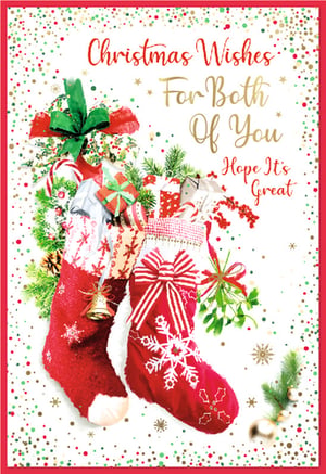 Spread festive cheer this season with the charming 'To Both Of You' Christmas card from Simon Elvin. This delightful design features two beautifully decorated red stockings, brimming with traditional gifts, candy canes, and lush greenery, all set against a sparkling backdrop of red, green, and gold confetti. The heartfelt message, 'Christmas Wishes For Both Of You Hope It's Great,' makes it the perfect choice for sending warm greetings to couples, friends, or family. Offer your customers this wonderfully festive card, conveniently available in a pack of 6, ensuring they have just the right card for those special pairs this Christmas.