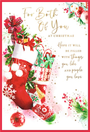 Add a touch of festive magic to your Christmas card selection with this charming "To Both Of You" card from Simon Elvin. Designed with couples in mind, this beautiful card features two traditional red Christmas stockings, brimming with delightful gifts, candy canes, and lush festive foliage. Adorned with sparkling details, holly, and berries, it perfectly captures the spirit of the season. The warm message inside reads: "Hope it will be filled with things you like and people you love." This card is ideal for spreading joy and warmth during the holidays. Available in a convenient pack of 6, it’s a wonderful addition to your seasonal greeting card range.