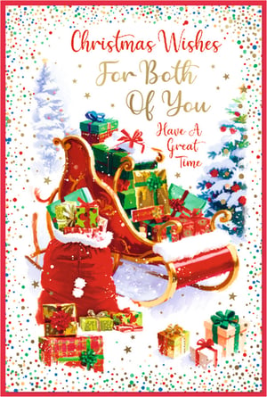 Bring festive cheer to your customers with this delightful "To Both Of You" Christmas card from Simon Elvin. Perfect for couples, this charming design features a traditional red sleigh overflowing with beautifully wrapped gifts, alongside a brimming Santa's sack. Snow-dusted Christmas trees and a sprinkle of colourful confetti complete this joyful scene. The heartfelt message, "Christmas Wishes For Both Of You, Have A Great Time," makes it an ideal choice for spreading holiday happiness. Stock up on these wonderful cards, available in a convenient pack of 6, and ensure your shelves are ready for the festive season!