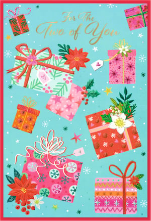 Introduce the delightful 'To Both Of You' card from Simon Elvin, a truly charming choice for celebrating special couples. This vibrant design features a joyful array of beautifully wrapped gifts, adorned with festive bows, poinsettias, and holly, all set against a cheerful teal background. The elegant gold script, 'For The Two of You', makes it perfect for Christmas, anniversaries, engagements, or any occasion where you want to send warm wishes to a pair. Each card is crafted with care, offering a premium feel that your customers will adore. Available in a convenient pack size of 1x6, these cards are ready to bring a touch of festive cheer to your retail display. Stock up on this lovely design and help your customers share their heartfelt sentiments with the special duos in their lives.
