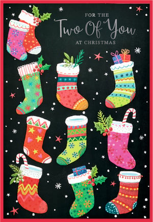 Spread festive cheer this Christmas with our delightful 'To Both Of You' Christmas cards from Simon Elvin. Perfect for sending warm wishes to a special couple, this charming design features an array of brightly coloured Christmas stockings, each uniquely patterned and brimming with festive treats like holly, berries, and candy canes.

Set against a stylish chalkboard-effect background adorned with snowflakes and stars, these cards beautifully capture the magic of the season. The vibrant illustrations and heartfelt message make them a wonderful choice for your customers. Each pack contains 6 cards, ensuring you're well-stocked for the holiday season. A truly lovely way to celebrate Christmas!