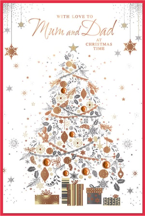 Send your warmest wishes to Mum and Dad this Christmas with this beautifully designed card from Simon Elvin. Featuring an exquisite Christmas tree crafted from shimmering gold, silver, and bronze festive motifs, it's a truly elegant choice. Delicate baubles, stars, and garlands adorn the tree, with beautifully wrapped presents nestled at its base. The heartfelt message 'With Love to Mum and Dad at Christmas Time' makes it perfect for showing appreciation. Each pack contains 6 of these charming cards, ready to bring joy to your customers.