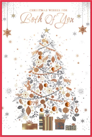 Make Christmas extra special for your customers with our elegant 'To Both Of You' card from Simon Elvin. This beautiful design features a magnificent Christmas tree, artfully composed of intricate gold, rose gold, and silver festive elements. Delicate snowflakes, shimmering baubles, and charming presents adorn the tree, creating a truly sophisticated and celebratory scene. The heartfelt 'Christmas Wishes For Both Of You' message, with its elegant script, makes this card the perfect choice for couples. Offer your customers a touch of festive luxury; these stunning cards are available in convenient packs of six, ready to bring joy this holiday season.