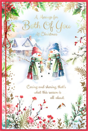 Share the joy this festive season with our charming 'To Both Of You' Christmas card, proudly supplied by Simon Elvin. This heartwarming design beautifully depicts two cheerful snowmen, warmly dressed in hats and scarves, set against a picturesque snowy village scene. Adorned with a festive border of holly, berries, and elegant gold accents, it truly captures the magic of Christmas. The card's message, "Caring and sharing, that's what this season is all about," perfectly conveys the spirit of togetherness. Ideal for sending to couples, friends, or family, these cards are a wonderful way to spread festive cheer. Each wholesale pack contains 6 cards, ready to delight your customers.