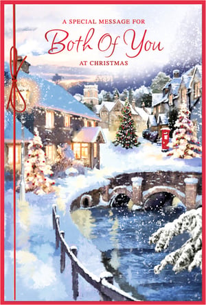 Capture the enchanting spirit of Christmas with this beautiful 'To Both Of You' card from Simon Elvin. Featuring a classic, snow-covered village scene, it evokes a truly magical festive feeling. Warm lights glow from charming cottages, twinkling Christmas trees adorn the landscape, and a quaint bridge spans a serene, icy river. This picturesque design, complete with a traditional red post box, is perfect for sending heartfelt wishes to a special couple or two dear friends. Crafted with care, these cards are ideal for retailers looking to offer customers a touch of traditional Christmas charm. Each pack contains 6 cards, ensuring you're well-stocked for the festive season.