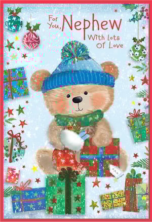 Spread festive cheer to your favourite nephew this Christmas with this utterly charming card from Simon Elvin. This delightful design features an adorable teddy bear, snug in his blue bobble hat and green scarf, surrounded by a pile of colourful Christmas presents and falling snow. The heartwarming message, 'For You, Nephew With Lots Of Love,' makes it the perfect way to show you care. With its sweet illustration and festive details, this card is sure to bring a smile to any nephew's face. Available in convenient wholesale packs of 6, ensuring you're well-stocked for the holiday season.
