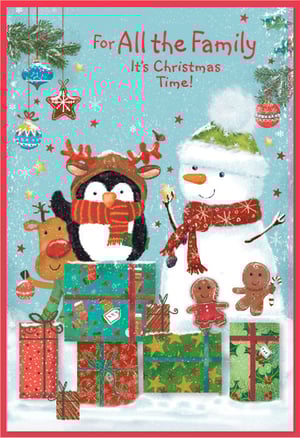 Spread festive cheer to every member of the family with this delightful 'To All The Family' Christmas card! Featuring an adorable penguin in a reindeer hat, a jolly snowman, and a friendly reindeer, all surrounded by a pile of beautifully wrapped presents and playful gingerbread figures, this card truly captures the magic of the season.
The heartwarming message, "For All the Family It's Christmas Time!", is perfect for sharing joy. With its vibrant colours and charming illustrations, this card is sure to bring smiles to loved ones. Supplied by Simon Elvin, each pack contains 6 cards, making it an ideal choice for your festive card selection this year.