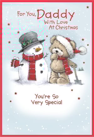 Make Christmas extra special for Daddy with this adorable card from Simon Elvin. Featuring a heartwarming illustration of a friendly snowman holding a gift and a sweet teddy bear in a Santa hat with a shovel, this card perfectly captures the magic of the festive season.
The snowy scene, complete with twinkling red stars, sets a delightful backdrop for the loving message: "For You, Daddy With Love At Christmas" and "You're So Very Special". It's the perfect way to show your appreciation and make him feel truly cherished. Available in a convenient pack of 6, these charming cards are ready to bring joy to every dad this Christmas.