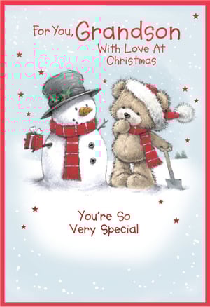 Delight your customers with this adorable Christmas card for Grandson, brought to you by Simon Elvin. This charming design features a festive snowman holding a gift, alongside a cute teddy bear in a Santa hat, all set in a snowy scene with twinkling red stars. The heartfelt message, "For You, Grandson With Love At Christmas You're So Very Special," makes it the perfect way to convey warm wishes. Ideal for retailers looking to offer a sweet and memorable option for grandsons this holiday season. Available in a convenient 1x6 pack size.