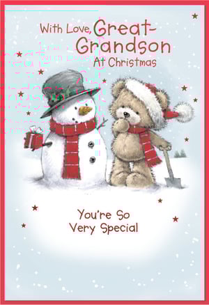 Bring festive cheer to your card selection with this delightful 'Great Grandson' Christmas card from Simon Elvin. This charming design features an adorable snowman, complete with a top hat and red scarf, holding a tiny gift, alongside a sweet teddy bear in a Santa hat and matching scarf, ready with a shovel in the snowy scene. The heartfelt messages, 'With Love, Great-Grandson At Christmas' and 'You're So Very Special', perfectly convey affection for a beloved family member. Ideal for retailers, each pack contains 6 of these lovely cards, making them a wonderful addition to your seasonal stock.