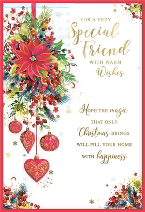 Share the joy of the season with a cherished friend using this exquisite Christmas card from Simon Elvin. Adorned with a vibrant poinsettia, lush holly, festive berries, and elegant hanging baubles, the design is beautifully enhanced with sparkling gold details and delicate snowflakes. The warm message, "FOR A VERY Special Friend WITH WARM Wishes," is complemented by a heartfelt sentiment: "Hope the magic THAT ONLY Christmas BRINGS WILL FILL YOUR HOME WITH happiness." This card is perfect for conveying your affection and festive cheer. Supplied in a convenient pack of 6, ensuring you're ready to spread holiday happiness to all your special friends.