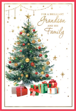 Offer your customers a truly heartwarming choice this Christmas with our 'Grandson & Family' card from Simon Elvin. This beautiful design features a traditional, richly decorated Christmas tree, complete with festive baubles, sparkling stars, and a pile of colourful presents beneath. The elegant gold lettering conveys a special message: 'For a Brilliant Grandson and His Family'. With its classic charm and high-quality finish, this card is perfect for expressing love and festive cheer. Stock up with this lovely design, available in a convenient pack size of 1x6, and help your customers share the joy of the season.