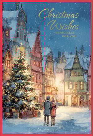 Capture the enchanting spirit of Christmas with this beautiful card from Simon Elvin. Featuring a heartwarming scene, it depicts a couple strolling through a charming, snow-covered town square, illuminated by a magnificent Christmas tree and the warm glow from festive buildings. Delicate snowflakes fall, adding to the magical atmosphere. The elegant gold text on the card reads "Christmas Wishes ESPECIALLY FOR YOU," making it perfect for sending heartfelt greetings. This delightful design, known as "Open," is supplied in a convenient pack size of 1x6, ready for your retail shelves. Offer your customers a truly special way to share their warmest wishes this holiday season.