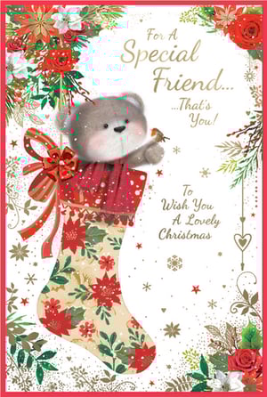 Send warm festive wishes to a cherished friend this Christmas with our adorable 'Friend Female' card from Simon Elvin. This delightful design features a sweet teddy bear peeking playfully from a beautifully decorated Christmas stocking, complete with a charming robin perched on its paw. Adorned with classic poinsettias, holly, and festive berries, the card's vibrant artwork perfectly captures the spirit of the season. The heartfelt message, "For A Special Friend... That's You! To Wish You A Lovely Christmas," makes it the ideal choice to show appreciation. Stock up for the festive season; these lovely cards are available in convenient packs of 6.
